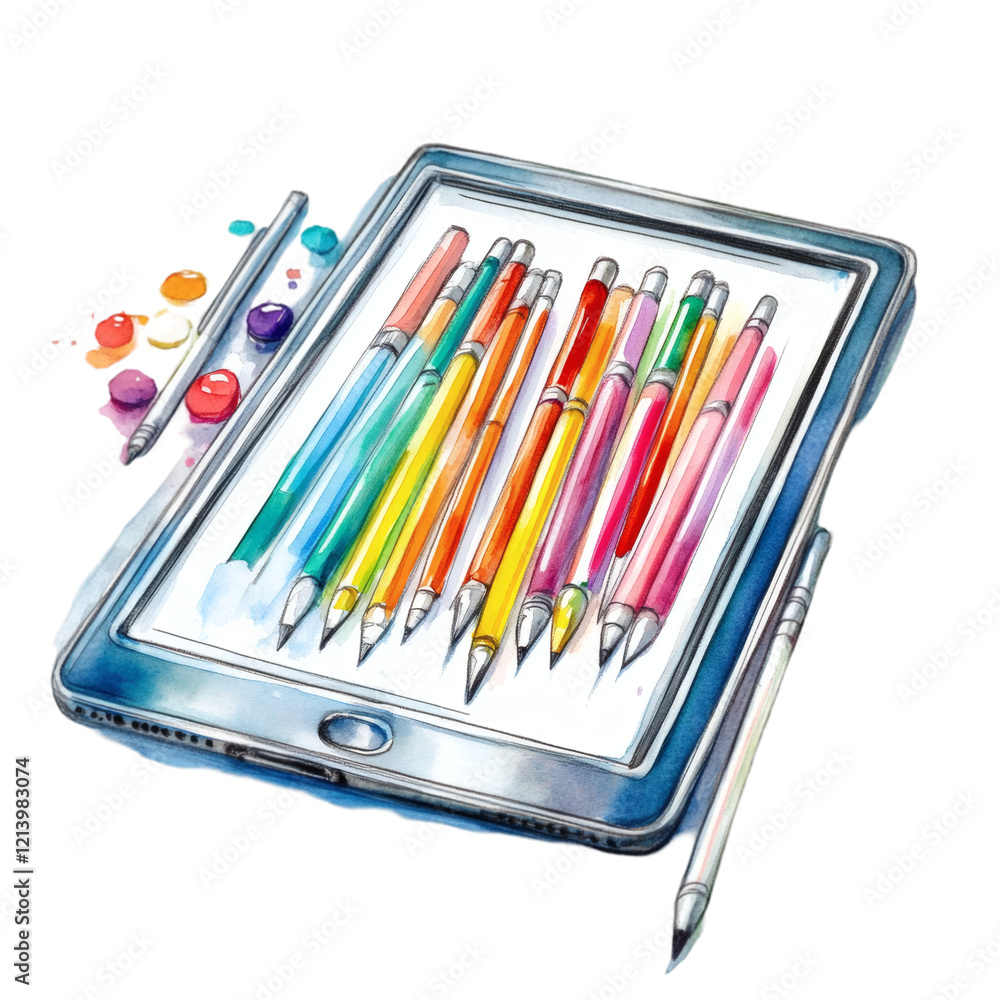 Fototapeta premium A watercolor rendering of a modern tablet with a stylus pen and creative tools, set against a white background.