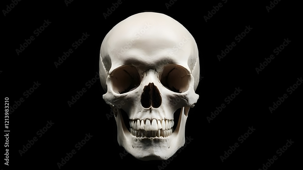 Front view of a natural human skull on an isolated black background, showcasing the intricate details and structure of the human skull, perfect for anatomy, medical education, and science-related them Front view of a natural human skull on an isolated black background, showcasing the intricate details and structure of the human skull, perfect for anatomy, medical education, and science-related them