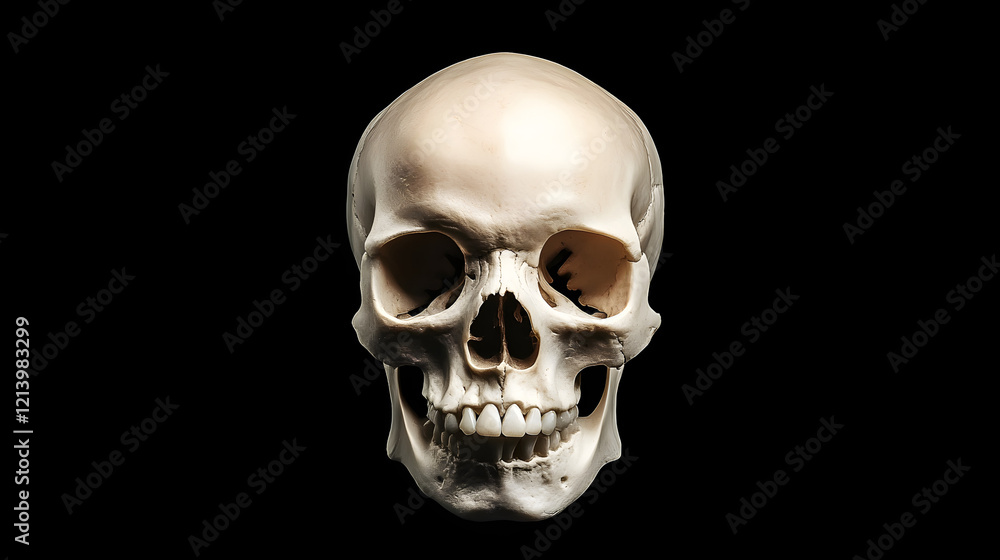 Front view of a natural human skull on an isolated black background, showcasing the intricate details and structure of the human skull, perfect for anatomy, medical education, and science-related them Front view of a natural human skull on an isolated black background, showcasing the intricate details and structure of the human skull, perfect for anatomy, medical education, and science-related them