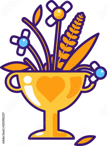 Vector graphic illustration of bouquet of autumnal flowers in a vibrant stroked cartoon style. The bouquet is housed within a golden goblet. Fleeting nature of beauty, sadness or nostalgia. Bright aut