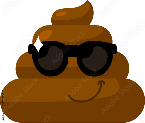 Brown confident Emoji poop with black sunglasses. Design element for reaction in social media. Funny icon. Simple cartoon vector element isolated on white background