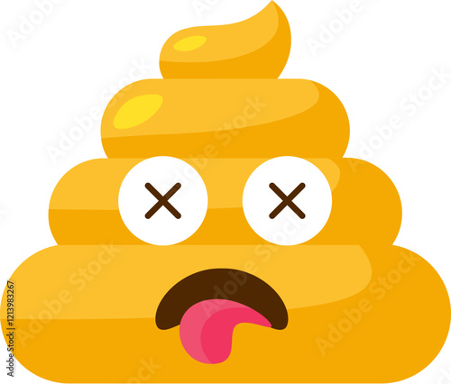 Yellow deceased Emoji poop with stuck tongue out of mouth. Design element for reaction in social media. Funny icon. Simple cartoon vector element isolated on white background