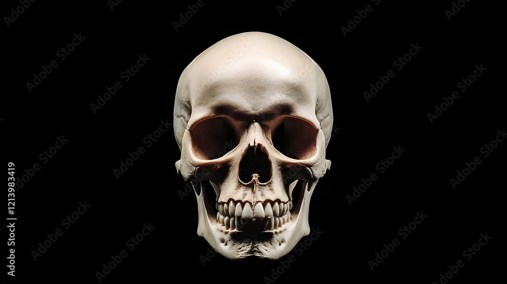 Front view of a natural human skull on an isolated black background, showcasing the intricate details and structure of the human skull, perfect for anatomy, medical education, and science-related them Front view of a natural human skull on an isolated black background, showcasing the intricate details and structure of the human skull, perfect for anatomy, medical education, and science-related them