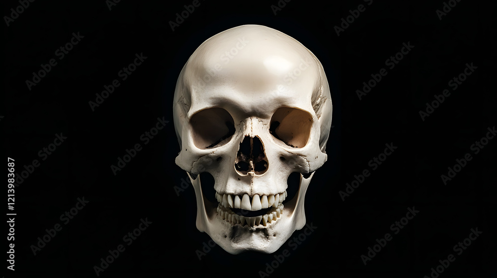 Front view of a natural human skull on an isolated black background, showcasing the intricate details and structure of the human skull, perfect for anatomy, medical education, and science-related them Front view of a natural human skull on an isolated black background, showcasing the intricate details and structure of the human skull, perfect for anatomy, medical education, and science-related them
