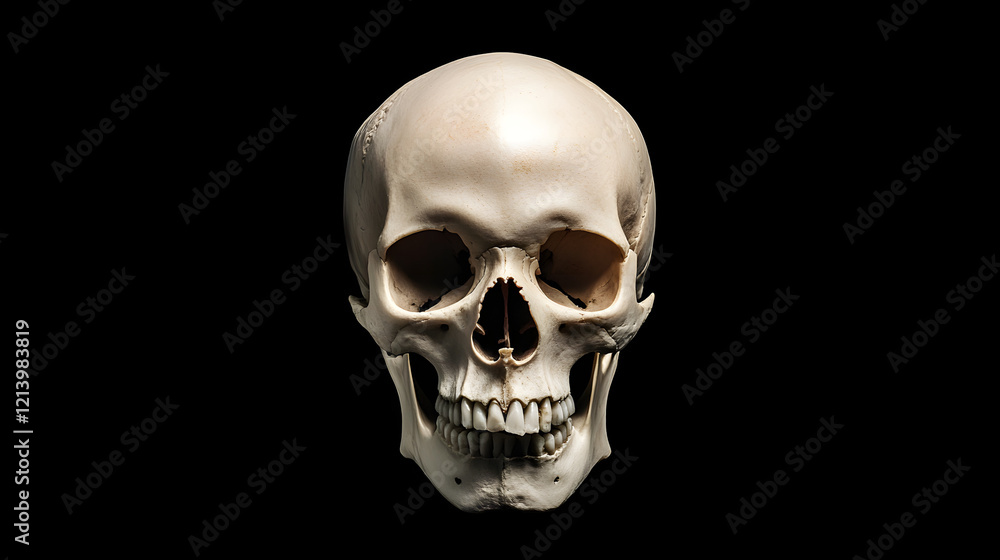 Front view of a natural human skull on an isolated black background, showcasing the intricate details and structure of the human skull, perfect for anatomy, medical education, and science-related them Front view of a natural human skull on an isolated black background, showcasing the intricate details and structure of the human skull, perfect for anatomy, medical education, and science-related them