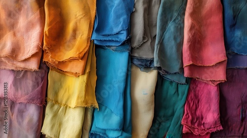 Vibrant hues of hand-dyed fabrics showcased in a colorful artisan market during a sunny afternoon. Generative AI