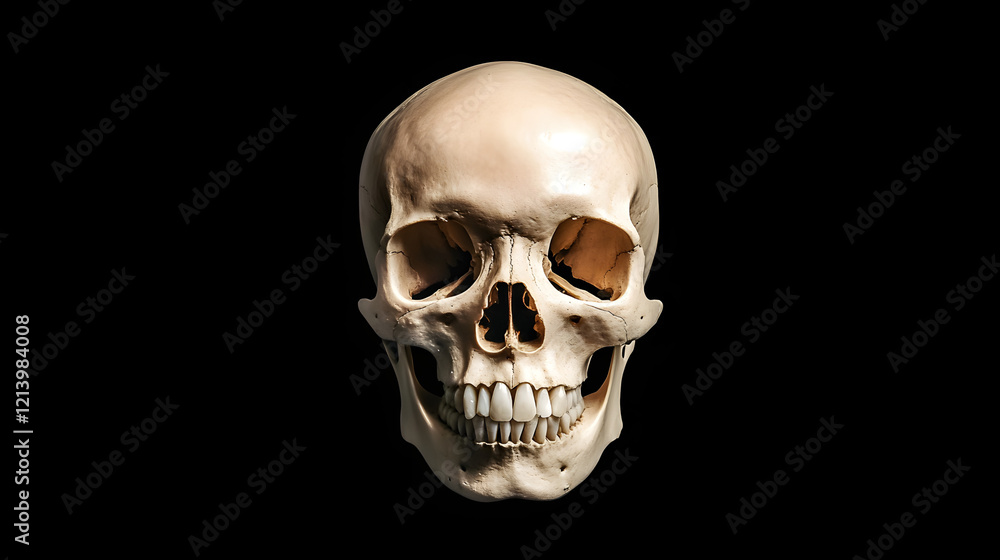 Front view of a natural human skull on an isolated black background, showcasing the intricate details and structure of the human skull, perfect for anatomy, medical education, and science-related them Front view of a natural human skull on an isolated black background, showcasing the intricate details and structure of the human skull, perfect for anatomy, medical education, and science-related them