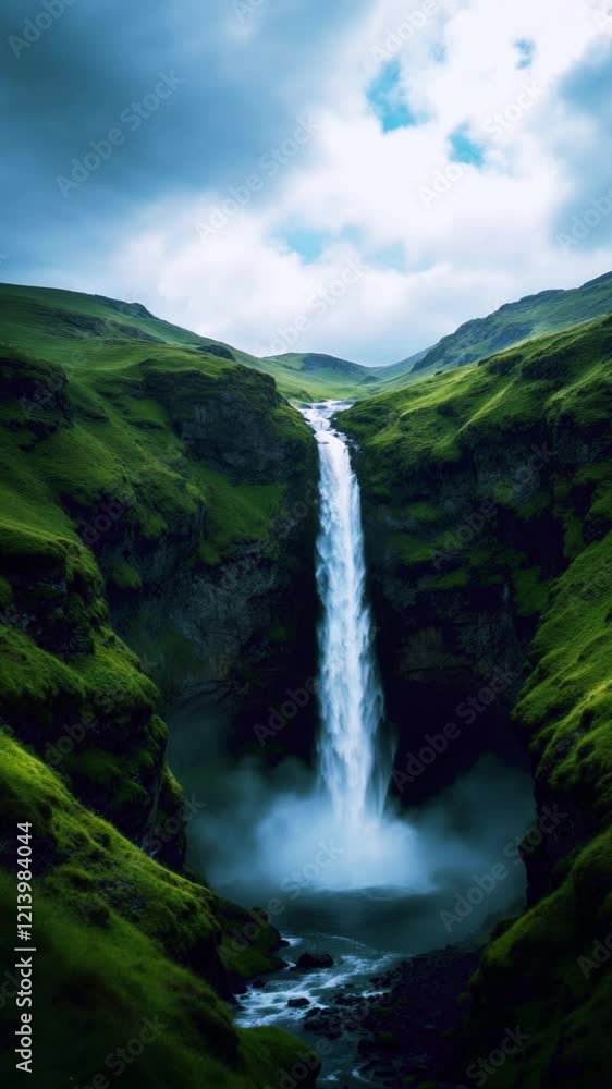 Majestic Waterfall Cascading Through Lush Green Landscape Under a Cloudy Sky Majestic Waterfall Cascading Through Lush Green Landscape Under a Cloudy Sky