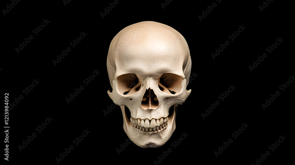 Front view of a natural human skull on an isolated black background, showcasing the intricate details and structure of the human skull, perfect for anatomy, medical education, and science-related them Front view of a natural human skull on an isolated black background, showcasing the intricate details and structure of the human skull, perfect for anatomy, medical education, and science-related them