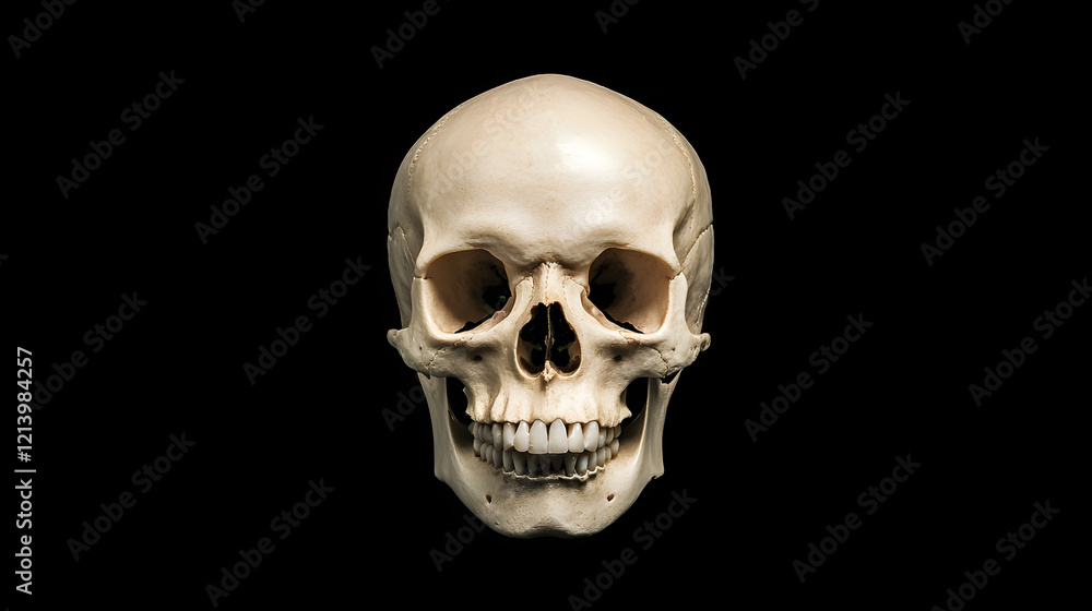 Front view of a natural human skull on an isolated black background, showcasing the intricate details and structure of the human skull, perfect for anatomy, medical education, and science-related them Front view of a natural human skull on an isolated black background, showcasing the intricate details and structure of the human skull, perfect for anatomy, medical education, and science-related them