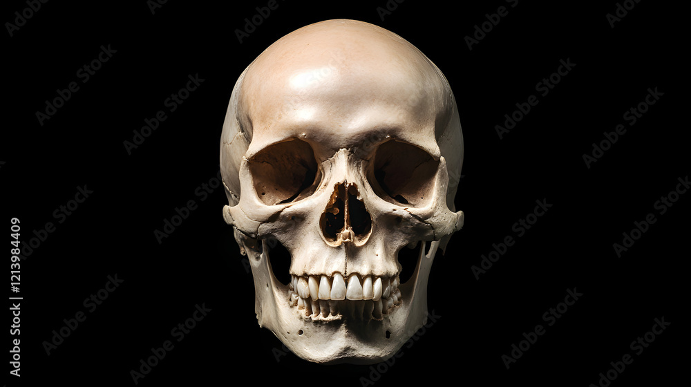 Front view of a natural human skull on an isolated black background, showcasing the intricate details and structure of the human skull, perfect for anatomy, medical education, and science-related them Front view of a natural human skull on an isolated black background, showcasing the intricate details and structure of the human skull, perfect for anatomy, medical education, and science-related them