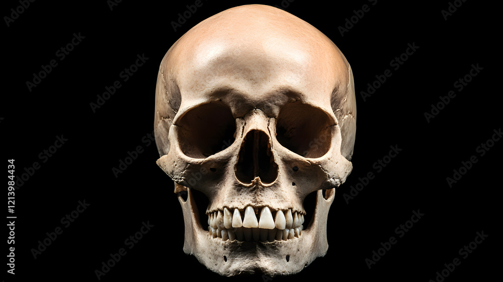 Front view of a natural human skull on an isolated black background, showcasing the intricate details and structure of the human skull, perfect for anatomy, medical education, and science-related them Front view of a natural human skull on an isolated black background, showcasing the intricate details and structure of the human skull, perfect for anatomy, medical education, and science-related them