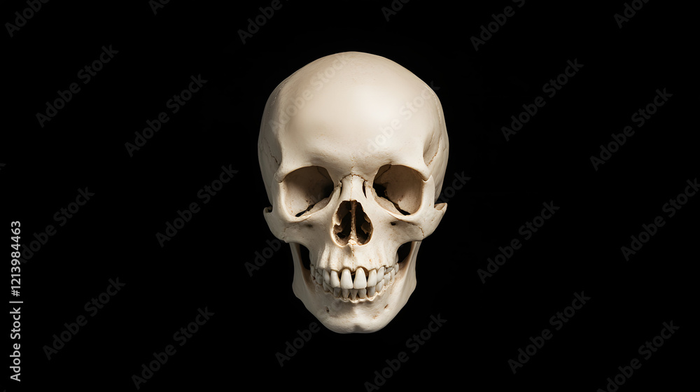 Front view of a natural human skull on an isolated black background, showcasing the intricate details and structure of the human skull, perfect for anatomy, medical education, and science-related them Front view of a natural human skull on an isolated black background, showcasing the intricate details and structure of the human skull, perfect for anatomy, medical education, and science-related them