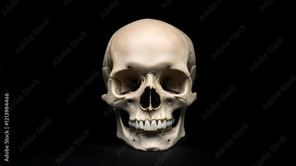 Front view of a natural human skull on an isolated black background, showcasing the intricate details and structure of the human skull, perfect for anatomy, medical education, and science-related them Front view of a natural human skull on an isolated black background, showcasing the intricate details and structure of the human skull, perfect for anatomy, medical education, and science-related them