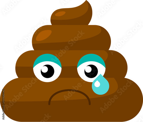 Brown offended crying Emoji poop with tears rolling down his eyes. Design element for reaction in social media. Funny icon. Simple cartoon vector element isolated on white background