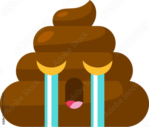 Brown sobbing Emoji poop with stream of tears from eyes. Design element for reaction in social media. Funny icon. Simple cartoon vector element isolated on white background