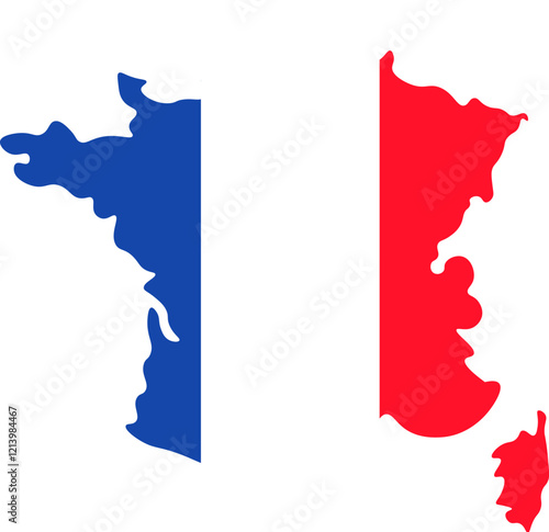 Souvenir magnet borders of France in colors of national flag, meeting foreign guests. Traditional festive element, attributes of French flag day. Cartoon vector icon in national colors