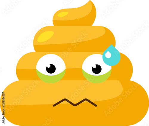 Yellow disappointed Emoji poop with bead of sweat on forehead. Design element for reaction in social media. Funny icon. Simple cartoon vector element isolated on white background