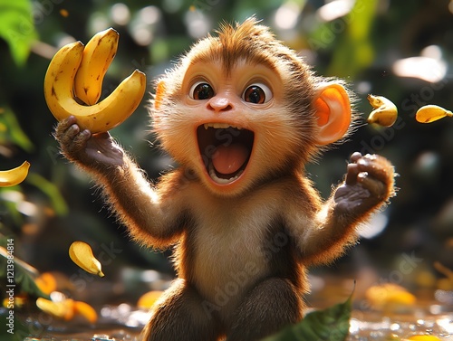 Energetic 3D Monkey Juggling Bananas in Lush Jungle with Expressionist Inspired Lighting photo