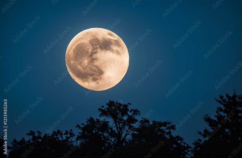 Stunning Full Moon Glows Magnificently Over the Silhouetted Trees at Beautiful Dusk Stunning Full Moon Glows Magnificently Over the Silhouetted Trees at Beautiful Dusk