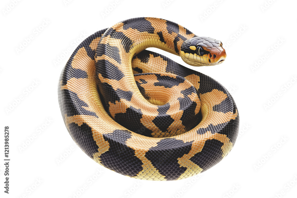Obraz premium Coiled yellow and black patterned snake, isolated on white transparent background, reptiles or wildlife, symbolizing Chinese Lunar New year