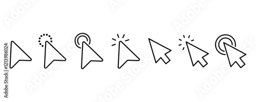 Pointer, mouse, click, Hand cursor line icon set. Computer, button, progress, licking cursor, pointing hand clicks, waiting loading icons pack. Vector illustration with transparent background.