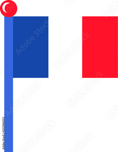 Souvenir flag on flagpole in colors of France flag, meeting foreign guests. Traditional festive element, attributes of French flag day. Cartoon vector icon in national colors