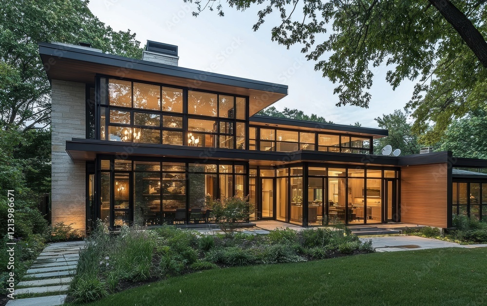 Close-up of a modern house facade with sleek architectural lines and large glass windows. Close-up of a modern house facade with sleek architectural lines and large glass windows.