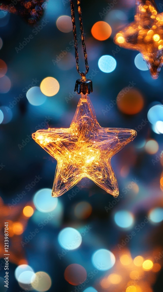 Glowing Star Ornament Hanging with Bokeh Background Glowing Star Ornament Hanging with Bokeh Background