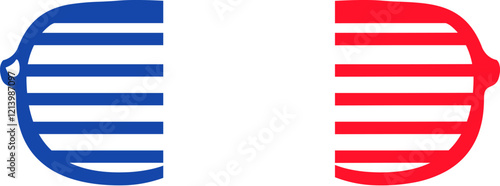 Souvenir grid eyeglass in colors of France flag, meeting foreign guests. Traditional festive accessory, attributes of French flag day. Cartoon vector icon in national colors