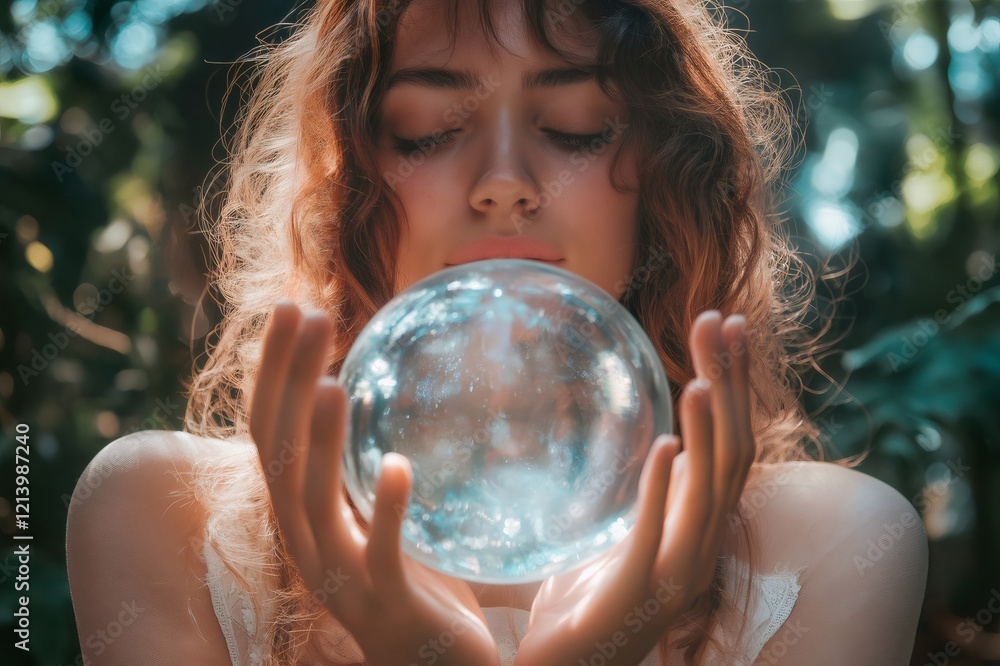 Fototapeta premium Young woman with curly hair holding a crystal ball in her hands with closed eyes, performing a divination ritual in a mysterious forest