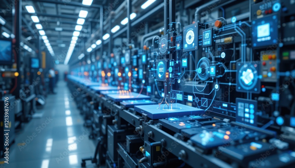 Fototapeta premium Smart factory automation line, digital displays, workers, manufacturing