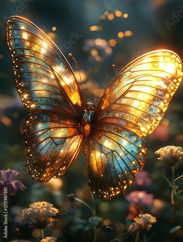 Celestial Butterfly Shimmering Holographic Layers in an Enchanted Forest Clearing photo