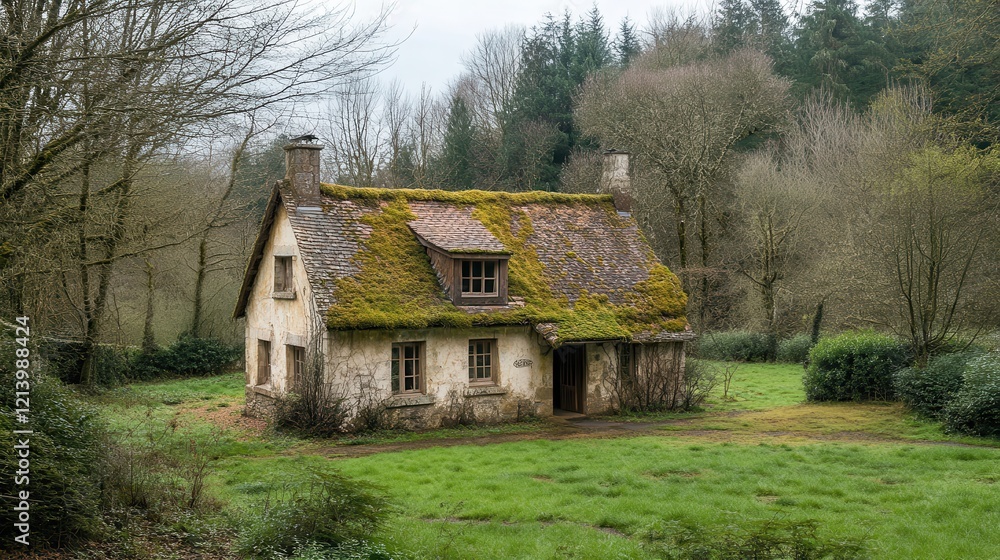 Fototapeta premium Historic cottage covered in moss, surrounded by lush greenery on a misty afternoon. Generative AI