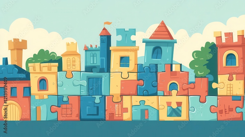 Obraz premium puzzle-solving flat design front view adventure theme cartoon drawing