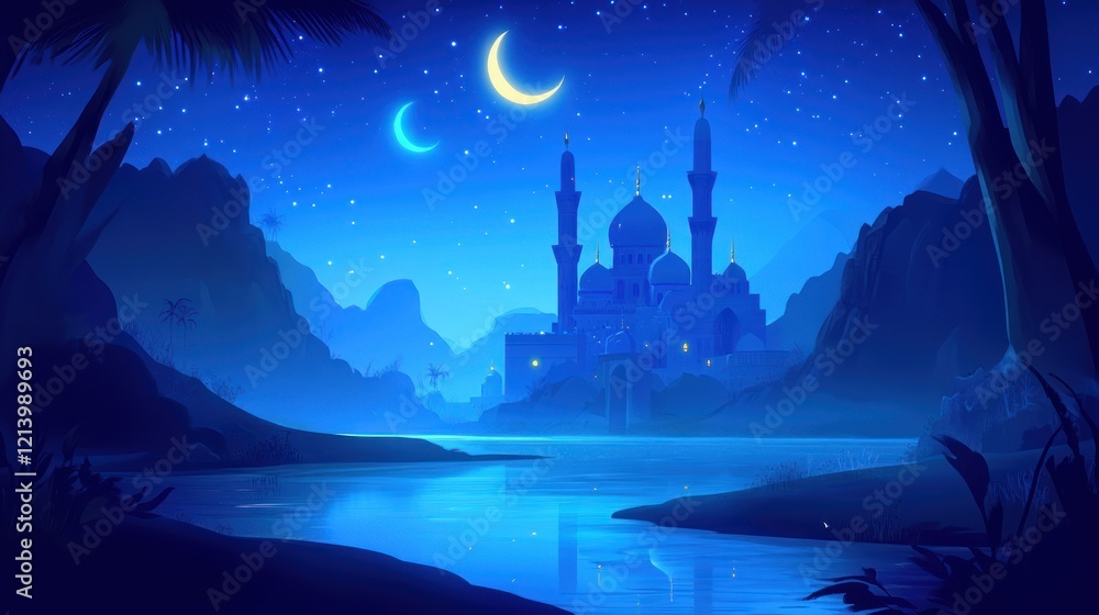 Naklejka premium Serene Mosque Night Landscape Under Crescent Moons