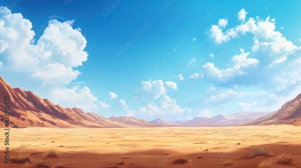 Expansive Desert Landscape Under a Bright Sunny Sky Expansive Desert Landscape Under a Bright Sunny Sky