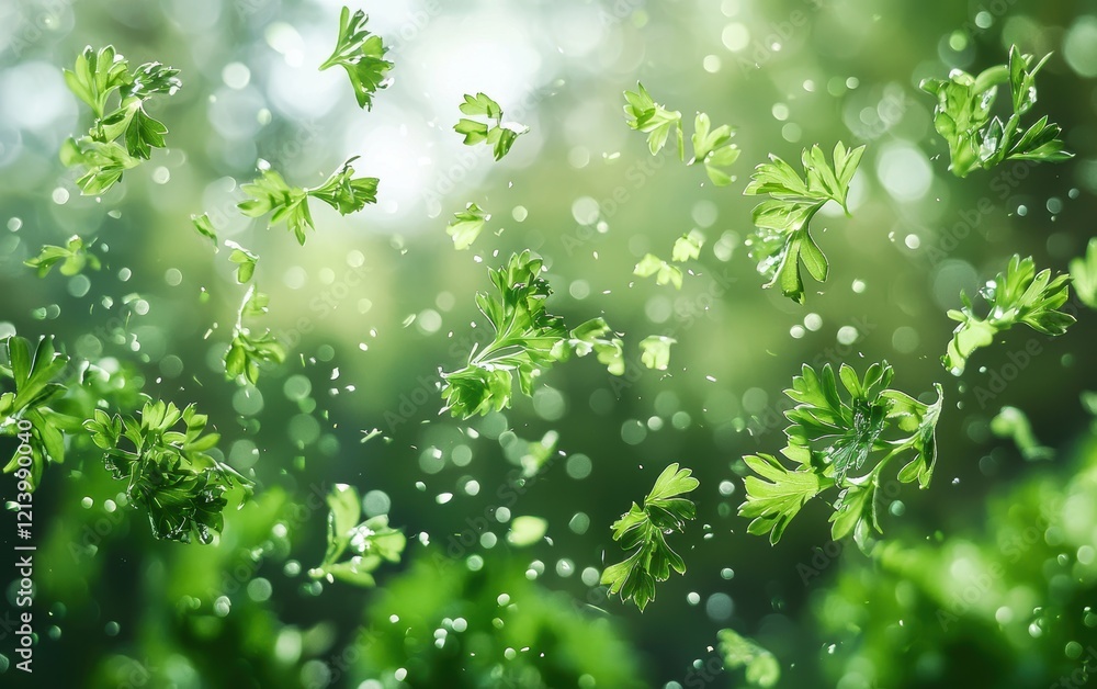 Parsley flakes flying with soft green splashes. Parsley flakes flying with soft green splashes.