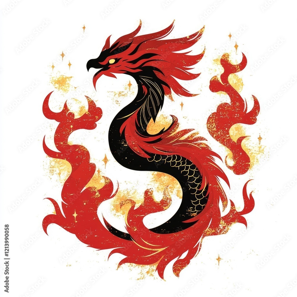 Obraz premium Majestic Red and Black Dragon with Glowing Flames and Gold Accents
