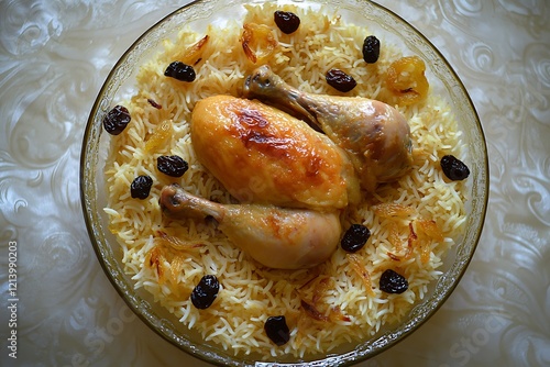 A Traditional Homemade Chicken Kabsa Served in a Beautiful Plate photo