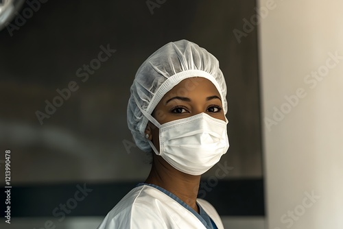 Portrait of a confident African American female doctor or nurse in a hospital setting. photo