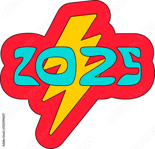 2025 against background of bright red and yellow lightning. New Year velcro for sticker pack or gift card in old style of 2000. Cartoon Y2K retro sticker on white background