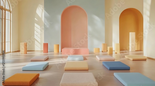 Yoga studio with mats and blocks arranged symmetrically