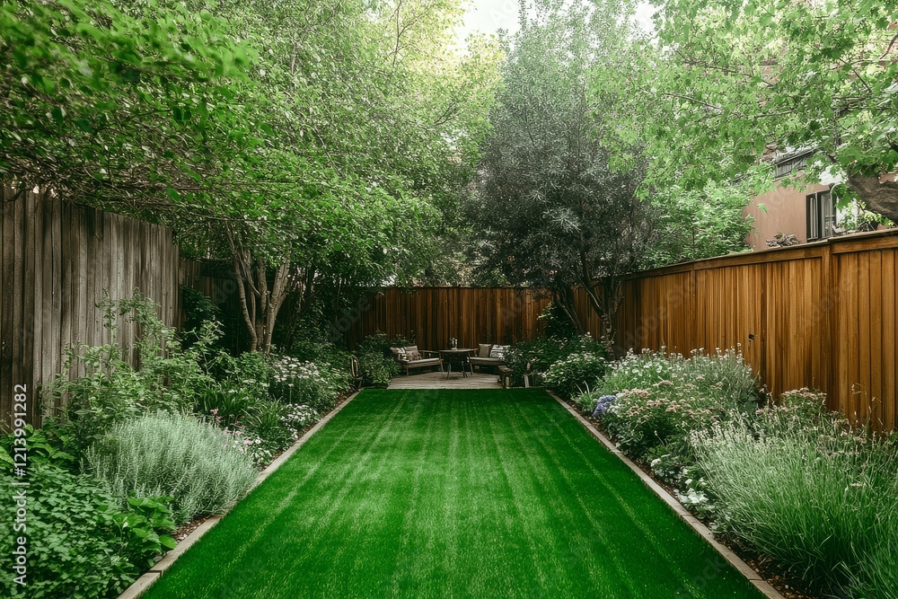 Lush green lawn in the backyard of an English home with coniferous trees, wooden fences, plants, flowers, and a seating area for relaxation in a peaceful garden setting. Lush green lawn in the backyard of an English home with coniferous trees, wooden fences, plants, flowers, and a seating area for relaxation in a peaceful garden setting.