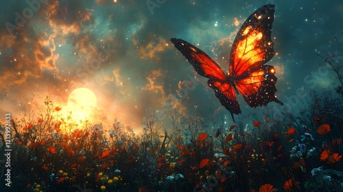 Otherworldly Butterfly Pulsating in Magical Moonlit Forest Landscape photo