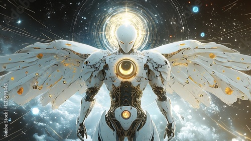 White garuda robot with radiant sun and moon patterns standing in space photo