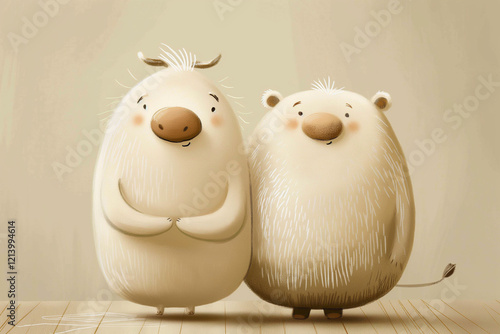 A pair of chubby white bull and white bear are excited and worried. Stock market characters on a plain background	