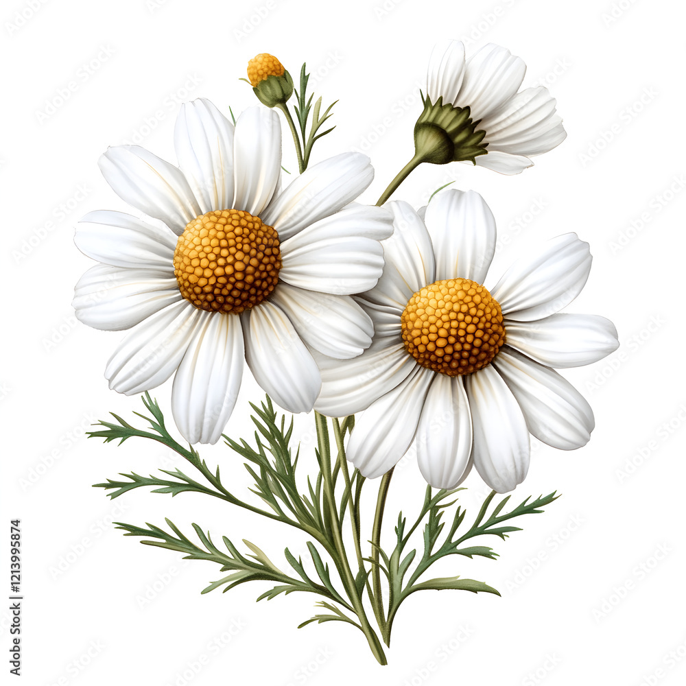Fototapeta premium White daisies with yellow centers and green leaves