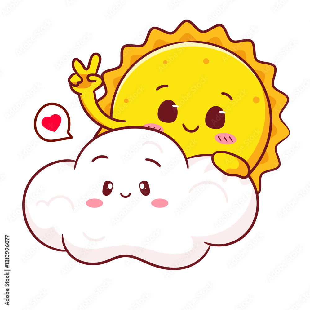 Cute smiling sun and a cute fluffy cloud. The sun flashes a peace sign while hugging the cloud. Kawaii object concept design vector illustration. Cute smiling sun and a cute fluffy cloud. The sun flashes a peace sign while hugging the cloud. Kawaii object concept design vector illustration.