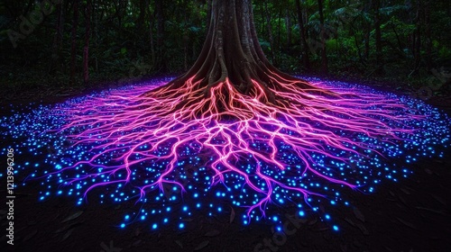 Illuminated Tree Roots in Dark Forest at Night photo